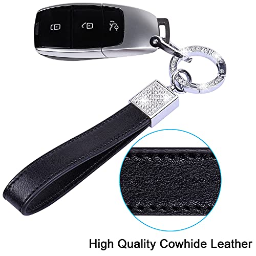 Wisdompro Bling Leather Car Keychain, Universal Genuine Leather Car Keys Keychain Key FOB Keychain, Key Chains Women for Car Keys with Anti-lost D-ring and 2 Keyrings - Black