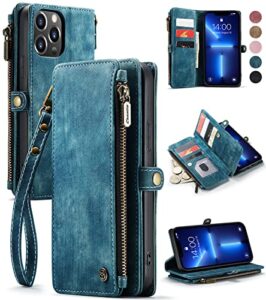 defencase for iphone 13 pro max case, iphone 13 pro max case wallet for women men, durable pu leather magnetic flip lanyard strap wristlet zipper card holder phone cases for iphone 13 pro max, blue