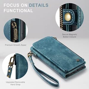 Defencase for iPhone 13 Pro Max Case, iPhone 13 Pro Max Case Wallet for Women Men, Durable PU Leather Magnetic Flip Lanyard Strap Wristlet Zipper Card Holder Phone Cases for iPhone 13 Pro Max, Blue