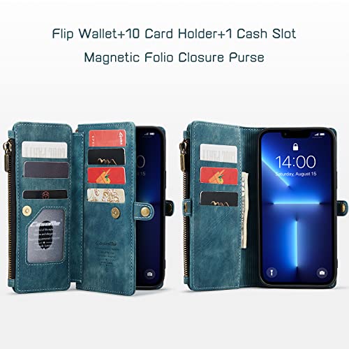Defencase for iPhone 13 Pro Max Case, iPhone 13 Pro Max Case Wallet for Women Men, Durable PU Leather Magnetic Flip Lanyard Strap Wristlet Zipper Card Holder Phone Cases for iPhone 13 Pro Max, Blue