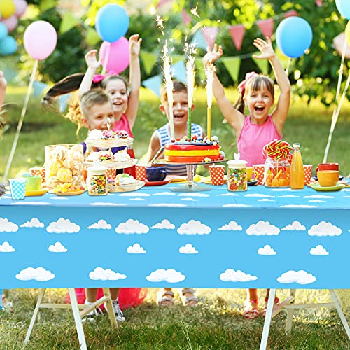Blue Sky White Clouds Birthday Party Supplies Cartoon Story Tablecloth Party Table Cover Cartoon Table Banner for Baby Kids Shower Birthday Party Decorations, 54 x 108 Inch（1）