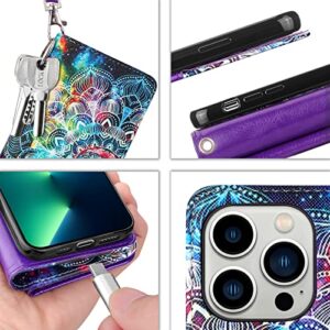 Vofolen 2-in-1 Case for iPhone 13 Pro Max 5G Wallet Card Holder 9-Slot for Women Girl Detachable Strap Hybrid Protective Slim Hard Shell Magnetic PU Leather Folio Pocket Flip Case Mandala Purple