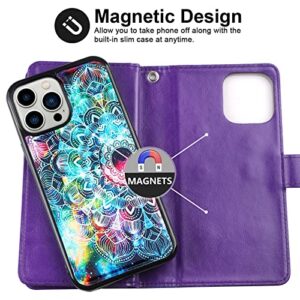 Vofolen 2-in-1 Case for iPhone 13 Pro Max 5G Wallet Card Holder 9-Slot for Women Girl Detachable Strap Hybrid Protective Slim Hard Shell Magnetic PU Leather Folio Pocket Flip Case Mandala Purple