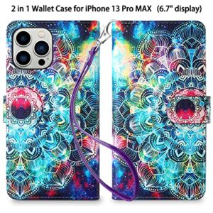 Vofolen 2-in-1 Case for iPhone 13 Pro Max 5G Wallet Card Holder 9-Slot for Women Girl Detachable Strap Hybrid Protective Slim Hard Shell Magnetic PU Leather Folio Pocket Flip Case Mandala Purple