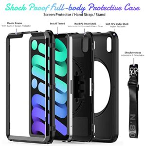 Timecity iPad Mini 6 Case, iPad Mini 6th Generation Case (8.3 inch) 2021 Released: with Strong Protection, Screen Protector, Hand Strap, Shoulder Strap, 360° Rotating Stand, Pencil Holder - Black