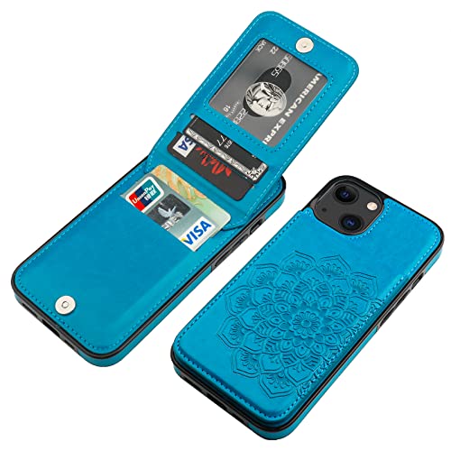 Vaburs Wallet Case for iPhone 13, Kickstand Case with Credit Card Holder, Embossed Mandala Floral Pattern Premium PU Leather Magnetic Closure Shockproof Protective Flip Cover 6.1" (Blue)