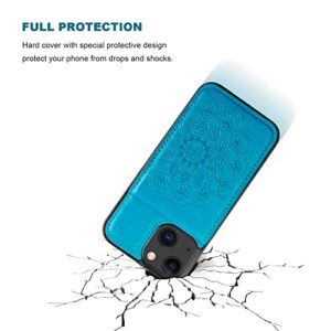 Vaburs Wallet Case for iPhone 13, Kickstand Case with Credit Card Holder, Embossed Mandala Floral Pattern Premium PU Leather Magnetic Closure Shockproof Protective Flip Cover 6.1" (Blue)