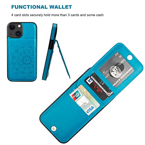 Vaburs Wallet Case for iPhone 13, Kickstand Case with Credit Card Holder, Embossed Mandala Floral Pattern Premium PU Leather Magnetic Closure Shockproof Protective Flip Cover 6.1" (Blue)