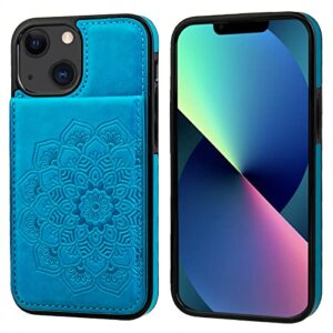 Vaburs Wallet Case for iPhone 13, Kickstand Case with Credit Card Holder, Embossed Mandala Floral Pattern Premium PU Leather Magnetic Closure Shockproof Protective Flip Cover 6.1" (Blue)