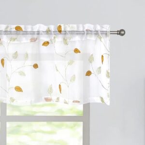 fragrantex white gold leaf embroidered sheer valance 15 inches floral small cafe curtain for kitchen short silver curtain for bay window bathroom and living room 56" wx15 l golden yellow rod pocket
