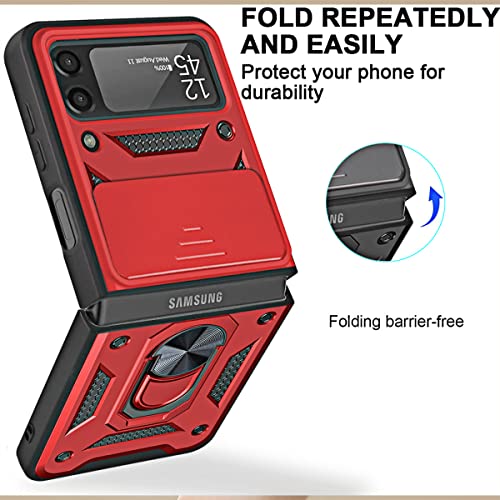 ONOLA for Galaxy Z Flip 3 Case with Slide Camera Cover, with 360°Rotate Ring Magnetic Kickstand Military Heavy Duty Protective Case for Samsung Galaxy Z Flip 3 5G (Red)