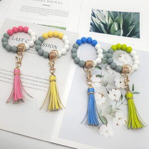 PRIANGEL Silicone Key Ring Bracelet for Women Beaded Wristlet Keychain House Car Keys Rings Holder with Tassel