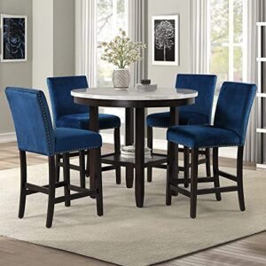 new classic furniture celeste 5-piece faux marble round counter set with 1 table and 4 chairs, 42-inch, blue