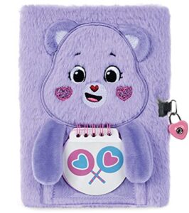 iscream care bears share bear lined-page lock and key 8.5" plush fur journal with mini spiral journal