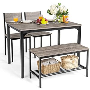 giantex dining table set for 4, kitchen table with bench and chairs, industrial gathering bench dining set w/metal frame & storage rack, dinette set, modern functional desk set (black oak)
