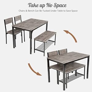 Giantex Dining Table Set for 4, Kitchen Table with Bench and Chairs, Industrial Gathering Bench Dining Set W/Metal Frame & Storage Rack, Dinette Set, Modern Functional Desk Set (Black Oak)