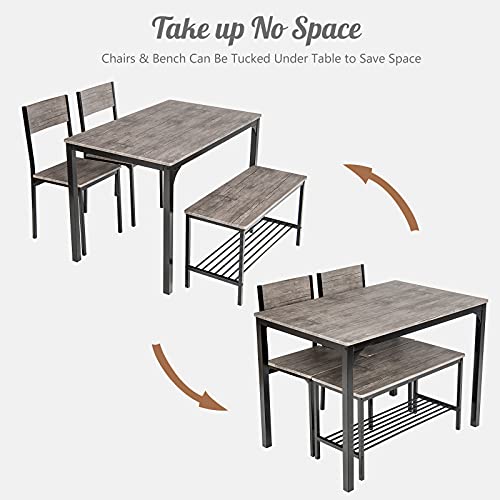 Giantex Dining Table Set for 4, Kitchen Table with Bench and Chairs, Industrial Gathering Bench Dining Set W/Metal Frame & Storage Rack, Dinette Set, Modern Functional Desk Set (Black Oak)