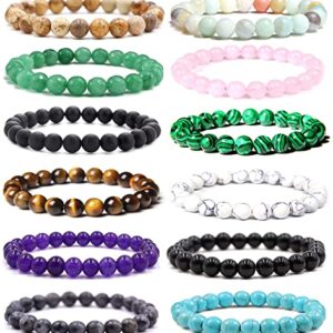 Jewdreamer 12Pcs 8mm Semi-Precious Gemstone Bracelet Healing Crystal Stone Beaded Bracelets for Women Men Unisex Adjustable Bead Stretch Bracelets Set