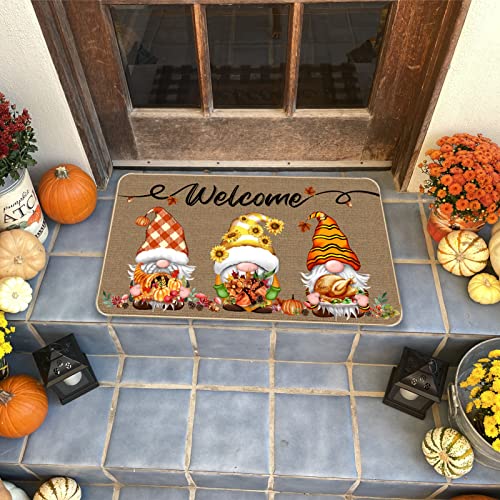 TREWAVE Fall Welcome Decorative Doormat Gnome Non-Slip and Washable Door Mat Pumpkin Sunflower Turkey Maple Leaf Fall Harvest Thanksgiving Floor Mat Indoor Outdoor 17 x 29 Inch