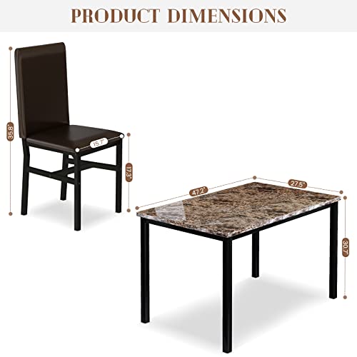 AWQM 5 Piece Dining Table Set for 4,Faux Marble Kitchen Table and Chairs for 4, Modern Dining Room Table Set with PU Leather Chairs, Dinette for Small Spaces,Breakfast Nook,Living Room, Brown