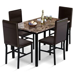awqm 5 piece dining table set for 4,faux marble kitchen table and chairs for 4, modern dining room table set with pu leather chairs, dinette for small spaces,breakfast nook,living room, brown