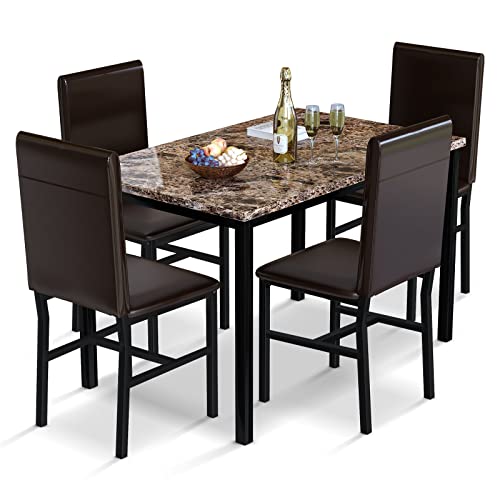 AWQM 5 Piece Dining Table Set for 4,Faux Marble Kitchen Table and Chairs for 4, Modern Dining Room Table Set with PU Leather Chairs, Dinette for Small Spaces,Breakfast Nook,Living Room, Brown