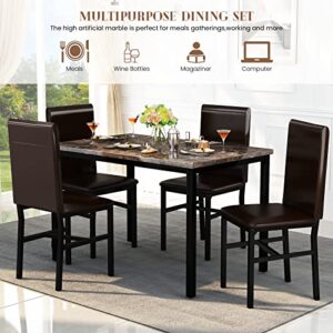 AWQM 5 Piece Dining Table Set for 4,Faux Marble Kitchen Table and Chairs for 4, Modern Dining Room Table Set with PU Leather Chairs, Dinette for Small Spaces,Breakfast Nook,Living Room, Brown