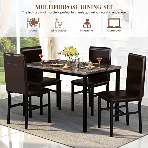 AWQM 5 Piece Dining Table Set for 4,Faux Marble Kitchen Table and Chairs for 4, Modern Dining Room Table Set with PU Leather Chairs, Dinette for Small Spaces,Breakfast Nook,Living Room, Brown