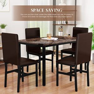 AWQM 5 Piece Dining Table Set for 4,Faux Marble Kitchen Table and Chairs for 4, Modern Dining Room Table Set with PU Leather Chairs, Dinette for Small Spaces,Breakfast Nook,Living Room, Brown