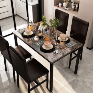 AWQM 5 Piece Dining Table Set for 4,Faux Marble Kitchen Table and Chairs for 4, Modern Dining Room Table Set with PU Leather Chairs, Dinette for Small Spaces,Breakfast Nook,Living Room, Brown