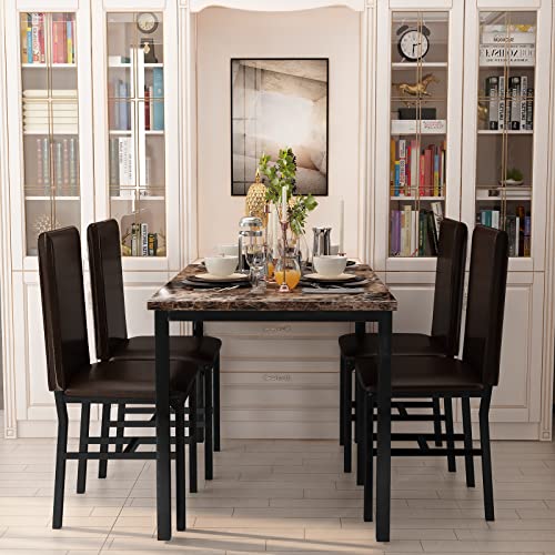 AWQM 5 Piece Dining Table Set for 4,Faux Marble Kitchen Table and Chairs for 4, Modern Dining Room Table Set with PU Leather Chairs, Dinette for Small Spaces,Breakfast Nook,Living Room, Brown