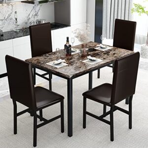 AWQM 5 Piece Dining Table Set for 4,Faux Marble Kitchen Table and Chairs for 4, Modern Dining Room Table Set with PU Leather Chairs, Dinette for Small Spaces,Breakfast Nook,Living Room, Brown