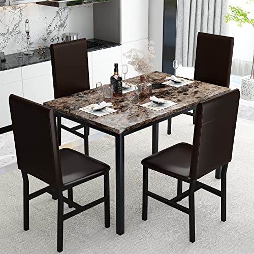 AWQM 5 Piece Dining Table Set for 4,Faux Marble Kitchen Table and Chairs for 4, Modern Dining Room Table Set with PU Leather Chairs, Dinette for Small Spaces,Breakfast Nook,Living Room, Brown