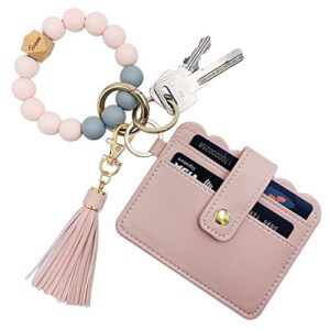 tsnsoeeo wristlet keychain bracelet wallet, key ring silicone bead bangle, tassel card pocket key chains for woman