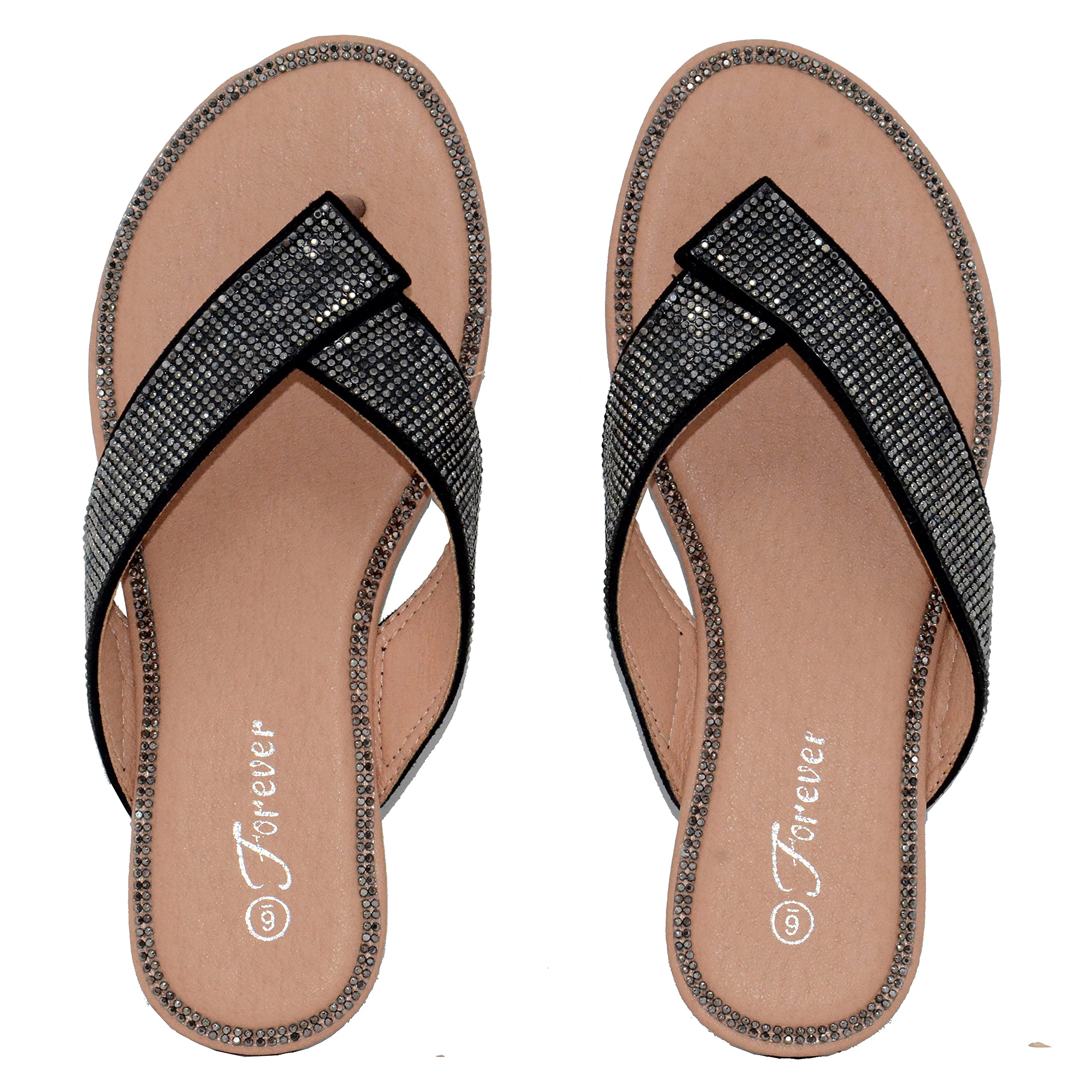 Women Fashion Dazzling Flip-Flops Slip On Comfort Slippers Outdoor Sandals with Rhinestones Black (numeric_8_point_5)