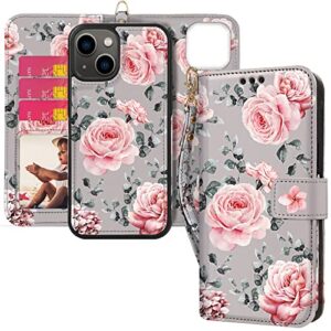 hoggu iphone 13 wallet case - magnetic detachable, rfid blocking, hand strap, floral pu leather cover (gray)