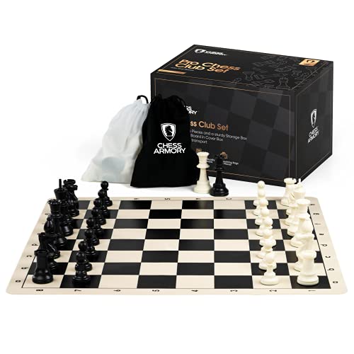 Chess Armory Deluxe Large Triple Weighted Tournament Chess Set with a Silicone 20" Chess Board - Felted Weighted Chess Pieces, 2 Extra Queens and 3.75" King