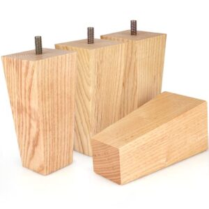 premium square ash wood furniture legs - furniture feet for sofa, chair, couch, dresser, bed, cabinet, ottoman - wooden legs are easy to install & include installation hardware - set of 4, 5 inches