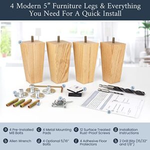 Premium Square Ash Wood Furniture Legs - Furniture Feet for Sofa, Chair, Couch, Dresser, Bed, Cabinet, Ottoman - Wooden Legs are Easy to Install & Include Installation Hardware - Set of 4, 5 Inches