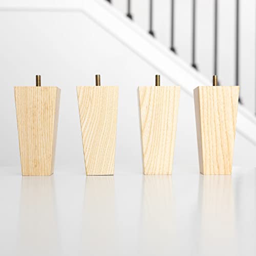 Premium Square Ash Wood Furniture Legs - Furniture Feet for Sofa, Chair, Couch, Dresser, Bed, Cabinet, Ottoman - Wooden Legs are Easy to Install & Include Installation Hardware - Set of 4, 5 Inches