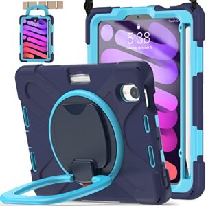 batyue ipad mini 6 case, ipad mini 6th generation case with apple pencil charging pencil holder/ 360° swivel stand/handle grip/shoulder strap, shockproof protective rugged case - navy blue+blue