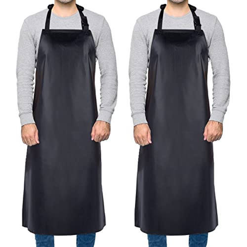 2 Pack Waterproof Rubber Black Vinyl Apron for Men 39" Lightweight Chemical Resistant Industrial Work Apron Adjustable Plastic Aprons for Dishwashing Butcher Dog Grooming Lab Work Fish Cleaning