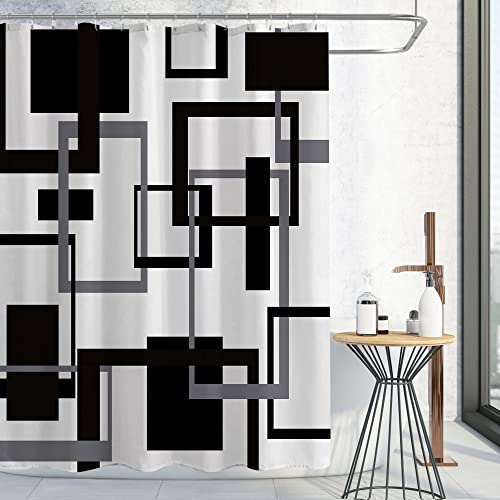 Gibelle Geometric Fabric Shower Curtain Set, Abstract Mid Century Modern Minimalist Waterproof Shower Curtain for Bathroom Decor, 72 x 72, Black and White Black Grey