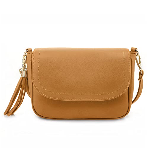 EVVE Small Crossbody Bag for Women Trendy Vegan Leather Flap Saddle Purses with Adjustable Shoulder Strap - Mustard