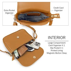 EVVE Small Crossbody Bag for Women Trendy Vegan Leather Flap Saddle Purses with Adjustable Shoulder Strap - Mustard