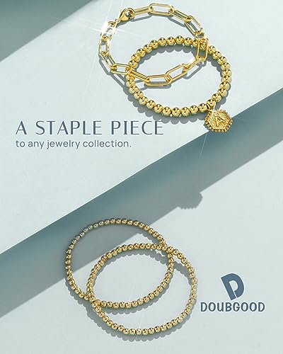 doubgood Gold Beaded Bracelets for Women, Stackable Gold Bracelets for Women Men 14K Real Gold Plated Stretch Bead Ball Bracelet with Letter Pendant M