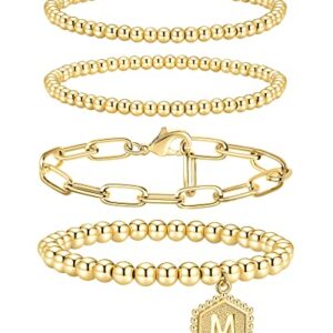 doubgood Gold Beaded Bracelets for Women, Stackable Gold Bracelets for Women Men 14K Real Gold Plated Stretch Bead Ball Bracelet with Letter Pendant M