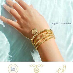 doubgood Gold Beaded Bracelets for Women, Stackable Gold Bracelets for Women Men 14K Real Gold Plated Stretch Bead Ball Bracelet with Letter Pendant M