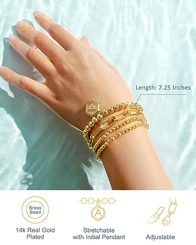 doubgood Gold Beaded Bracelets for Women, Stackable Gold Bracelets for Women Men 14K Real Gold Plated Stretch Bead Ball Bracelet with Letter Pendant M