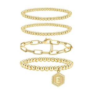 doubgood gold beaded bracelets for women, stackable gold bracelets for women men 14k real gold plated stretch bead ball bracelet with letter pendant e